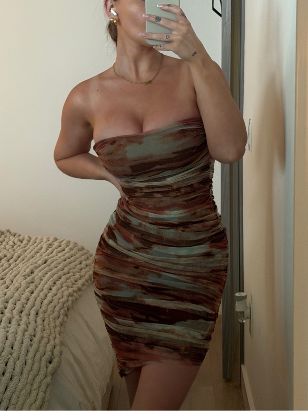 Fashion Nova Olive & Rust Strapless Ruched Bodycon Dress